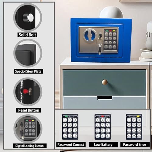 Yuanshikj Small Steel Security Safe Box with Keypad,Key;0.23 Cu Ft, Blue - Image 2