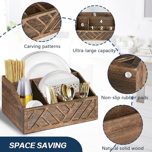 Ukonvi Paper Plate Dispenser, Paper Plate Holder for Kitchen Counter, Wood Rustic Silverware Utensil Caddy, Cutlery Flatware Organizer Box for Cups Spoons Forks Plates Napkins, Kitchen Accessories - Image 6