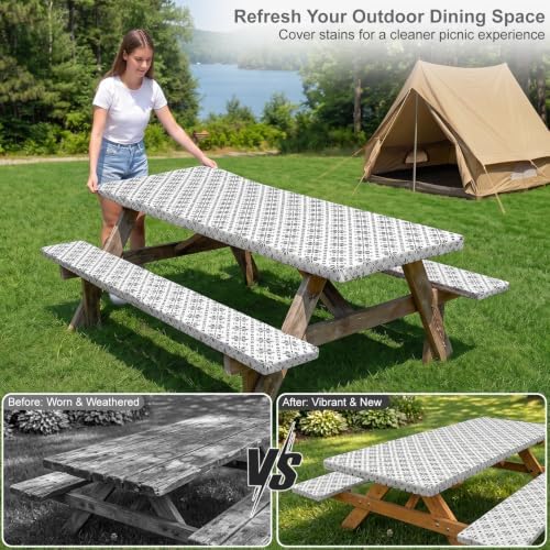 Picnic Table Cover with Bench Covers Portable Table Cloth Built-in Storage Pocket Picnic Table Covers With Elastic Waterproof Camping Essentials for RV Camping - Image 4