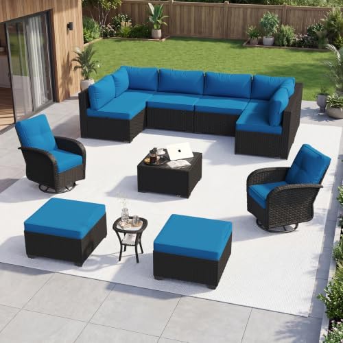 Aoxun 12 Piece Outdoor Patio Furniture Set with Coffee Table, Wicker Rattan Outdoor Furniture with High Back Swivel Rocker Chairs, Outdoor Conversation Set with Thick Cushion & Ottoman, Peacock Blue by Aoxun
