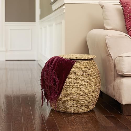 Household Essentials Round Handwoven Water Hyacinth Barrel Wicker Storage Basket Side Table, Natural Finish - Image 7