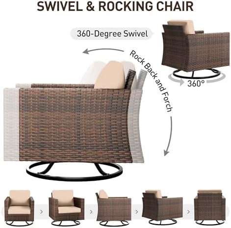 UDPATIO Patio Furniture Set, 5 Pieces Outdoor Conversation Sets with Rocking Swivel Chairs, Wicker Rattan Outdoor Sofa Set with Storage Table and Waterproof Covers for Backyard, Deck, Porch, Khaki - Image 4