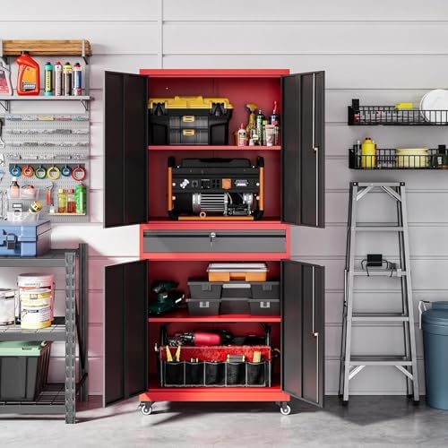 Letaya Metal Garage Storage Cabinet with Wheels,Rolling Tool Cabinet with Adjustable Shelves and Drawer for Garage Home Utility Room (Red) - Image 5