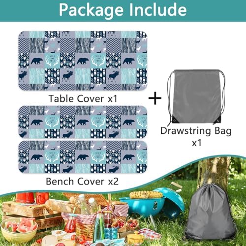 Picnic Table Cover with Bench Covers, Camping Essentials, Rustic Cabin Deer Bear Stripes Waterproof Windproof Patio Table Cover, Fitted Tablecloth Cover with Elastic Edge for Outdoor 3 PCS 30x60 Inch - Image 6