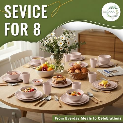 Wheat Straw Dinnerware Sets for 8, 40 Piece Unbreakable Dinnerware Set, Plates and Bowls Sets, Kitchen Plates and Bowls Set, Lightweight Dish Set for Travel Camping Party Outdoor Use - Muted Pink - Image 7