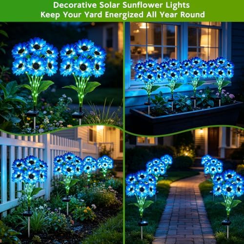 Solar Sunflower Lights Outdoor Garden Decor, 4 Pack Solar Blue Flowers Lights with 24 Sunflowers, Waterproof Fall Decor Stake Decorative Light Auto ON/Off for Garden Yard Patio, Gift for Women - Image 6