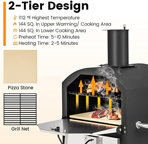 PETSITE Pizza Oven Outdoor, Wood Pellet Fired Pizza Oven with 12 Inches Pizza Stone & Waterproof Cover, 2-Tier Design Portable Stainless Steel Grill Pizza Maker for Outside Backyard Party - Image 2