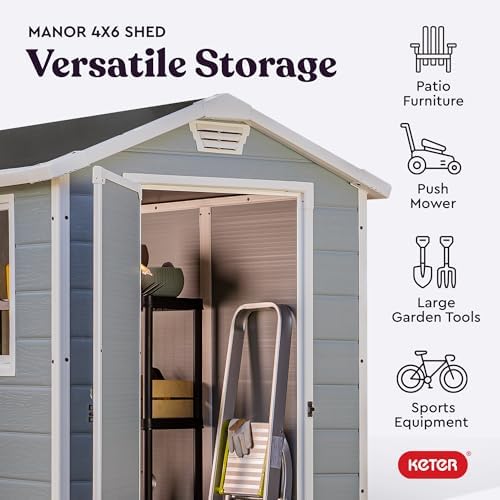 Keter Manor 4x6 Resin Outdoor Storage Shed Kit-Perfect to Store Patio Furniture, Garden Tools Bike Accessories, Beach Chairs and Lawn Mower, Grey & White - Image 4