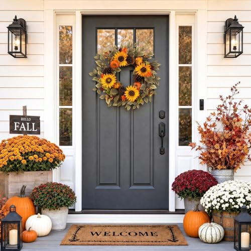 Pinkpum 20" Fall Wreath Front Door Pumpkin Sunflower Pine Cones Wall Decor - Image 7