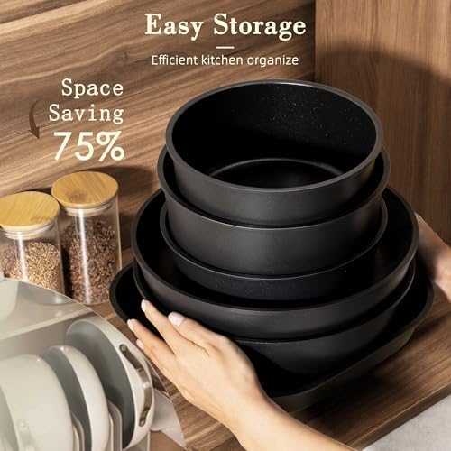 Astercook 23 Pcs Pots and Pans Set Non Stick, Ceramic Cookware Set Detachable Handle, RV Kitchen Cooking Set Removable Handles, Oven Safe, Induction Ready, Stackable, Black, Mothers Day Gifts - Image 4