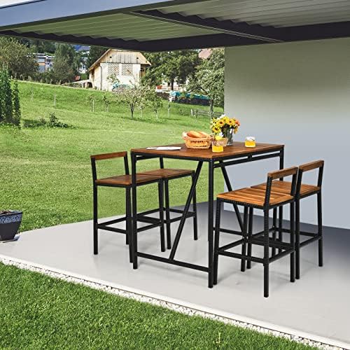 HAPPYGRILL 5 Pieces Patio Bar Table Set with Umbrella Hole Acacia Wood High-Dining Bistro Set with 4 Bar Stool, PE Wicker Outdoor Bar Set - Image 3