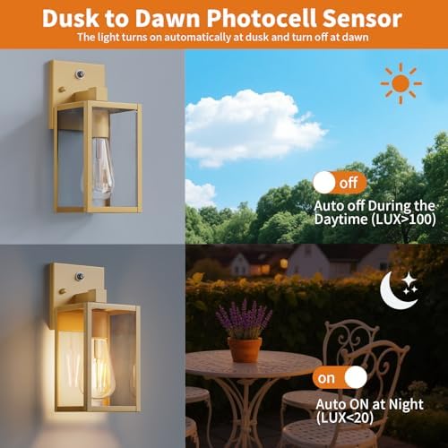 2 Pack Gold Dusk to Dawn Outdoor Front Porch Light Fixtures Wall Mount, Sensor Exterior Lantern Lamp, Outside Lights for House, Waterproof Wall Sconce, Anti Rust Coach Light for Garage Entryway - Image 2