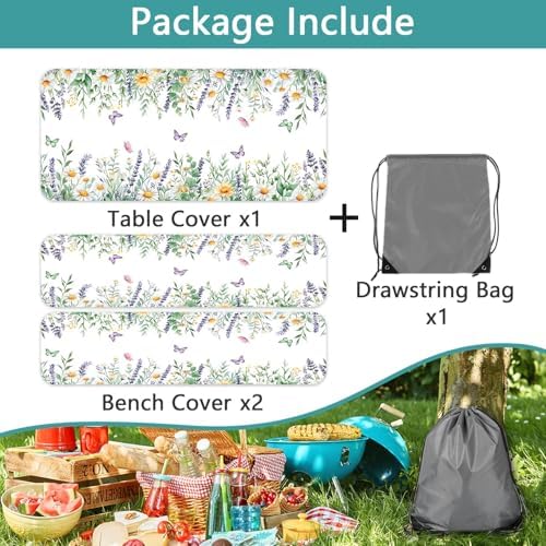 Floral Picnic Table Cover with Bench Covers, Camping Essentials, Leaves Flower Butterfly Waterproof Windproof, Fitted Tablecloth Cover with Elastic Edge, for Indoor, Outdoor, 3 PCS, 30x72 Inch - Image 7
