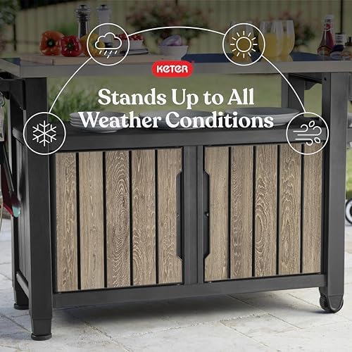 Keter Unity XL Outdoor Entertainment Cart with Wood‑Look Finish, 78‑Gallon Patio Storage Cabinet, Food Prep Station, Stainless‑Steel Top for BBQ, Grill, Patio, Deck & Backyard, Ashwood - Image 3