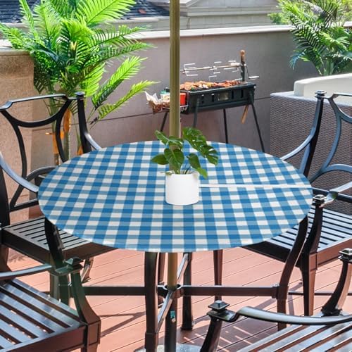 Fitted Round Tablecloth with Umbrella Hole and Zipper Buffalo Plaid Outdoor Elastic Table Cloth 45"-56" Oil-Proof Waterproof Patio Table Cover for Dining Picnic Party, Blue and White - Image 2
