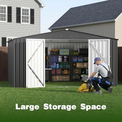 10 x 12 FT Outdoor Storage Shed, Heavy Duty Metal Shed with Lockable Double Door, Sloped Roof & Vents for Garden Backyard Lawn Dark Gray - Image 4