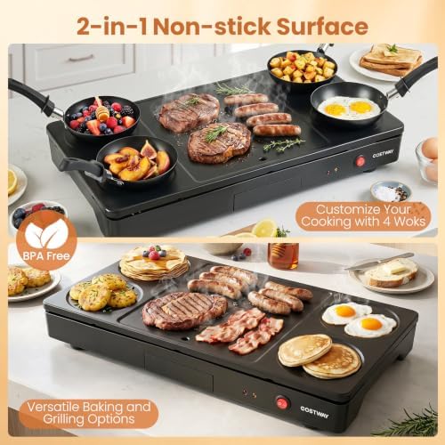 COSTWAY Electric Griddle Grill, 4 Nonstick Woks Teppanyaki Griddle, 1000W - Image 3