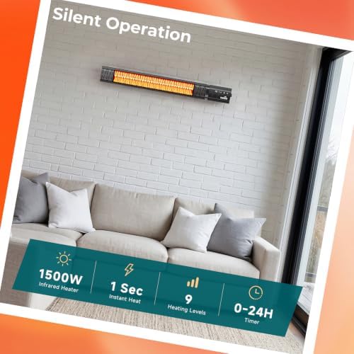 Electric Outdoor Heater Wall-Mounted Wifi Control Wall-Mounted Hanging Patio 1500W Infrared 9 Heat Levels, 24H Timers, Carbon Fiber Tube Heating Wall Heater for Gazebo, Balcony - Image 6