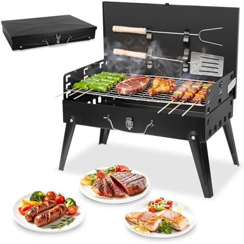 Portable Charcoal Grill, Small Foldable BBQ Suitcase Grill with Storage Shelf, Barbecue Grill for Outdoor Camping Picnics Garden Backyard Patio Parties, 16.7"×10"×17.7" by TeqHome