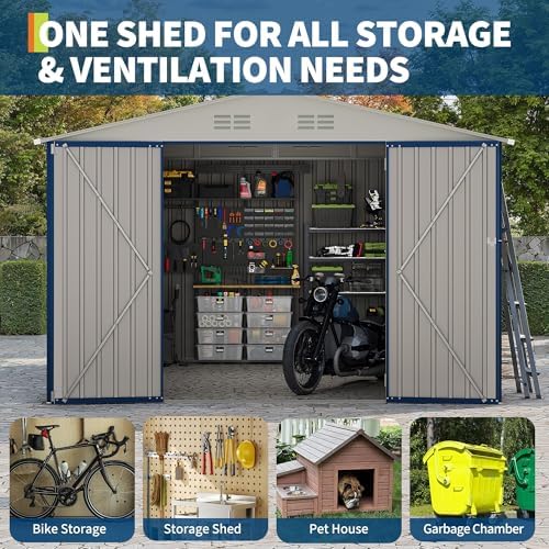Garvee 10x10 FT Metal Storage Shed – Lockable Doors, Floor Frame, Blue - Image 6
