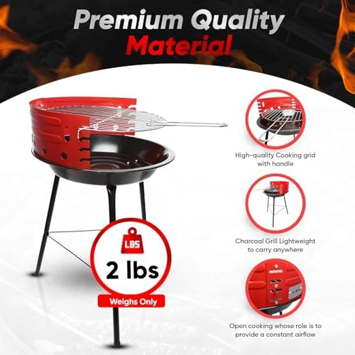 GasOne Charcoal Grill – Barbecue Grill with 4 Levels for Flame Control – Dual Venting System – Portable for Backyard, Camping, Boat, Red - Image 4