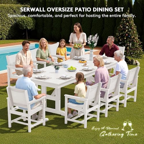 SERWALL 9Pcs HDPE Outdoor Dining Set for 8 with Sling Chairs, White - Image 6
