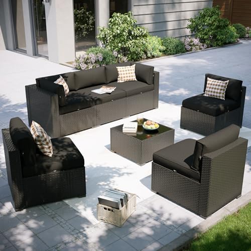 Aoxun Patio Furniture Set, 7 Piece Outdoor Sectional Sofas with Waterproof Cover, Wicker Rattan Outdoor Furniture Patio Conversation Set for Backyard, Garden Black by Aoxun