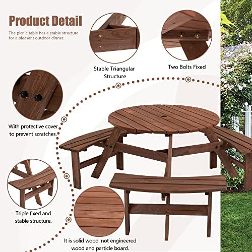 35.43'' Round Outdoor Dining Table Wooden Patio Dining Table & 3 Curved Built-in Bench for 6, 2" Umbrella Hole, Suitable for Backyard Garden Porch, Brown - Image 4