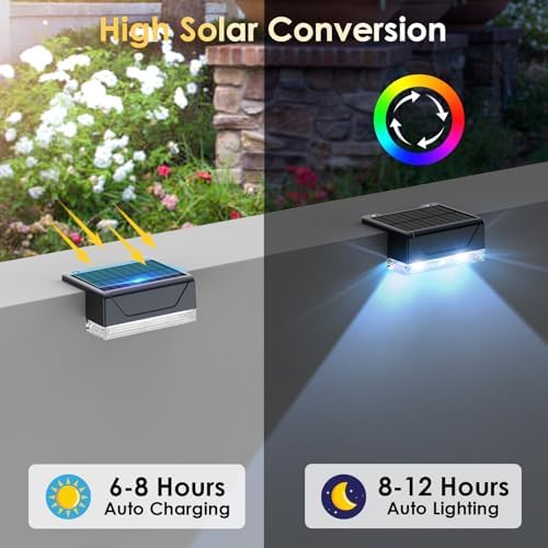 LIANGLOME 8PK Solar Fence Lights Outdoor - Warm White & RGB 6 Color, Dusk to Dawn Deck Light, IP65 Waterproof Garden Lights for Outside/Backyard/Railing/Step/Patio/Wall - Image 3