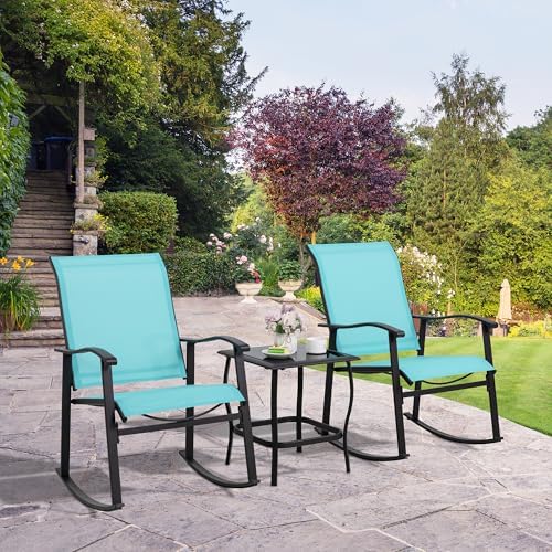 Shintenchi 3 Piece Rocking Bistro Set, Outdoor Furniture with Rocker Chairs and Glass Coffee Table Set of 3, Balcony, Porch Furniture for Small Space, Blue - Image 7