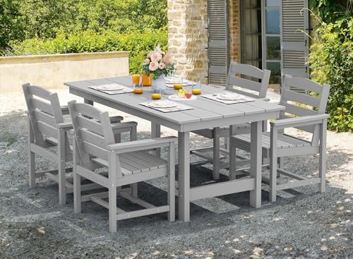 SERWALL 7 Pcs Outdoor Dining Set, 67" HDPE Dining Set for 6, Light Gray - Image 6