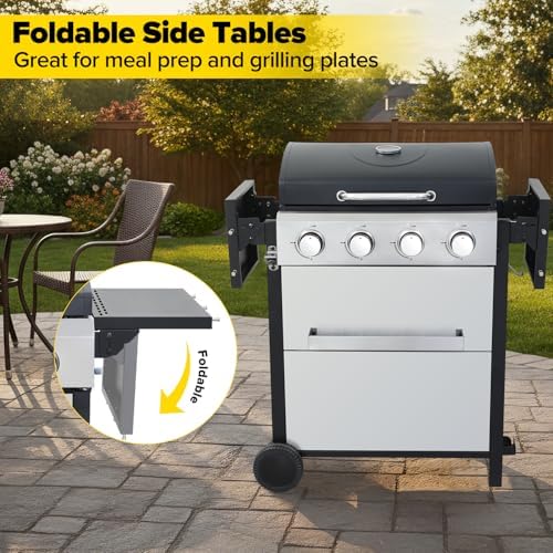 4 Burner Gas Grill with Foldable Shelves, 40,000 BTU Stainless Steel Propane BBQ Grill, 387 Sq. In. Cooking Space, Portable Outdoor Grill for Patio, Backyard, Camping & Tailgating - Image 4