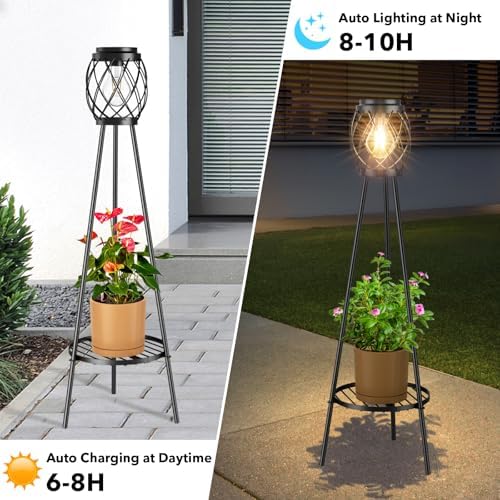 MXwcy 2 Pack Solar Lights Outdoor with LED Edison Bulbs, Vintage Style Solar Floor Lamp with Plant Stands, Weatherproof Garden Lights for Pathway, Patio, Yard, Porch Decor 8-10 Hours Lighting - Image 4