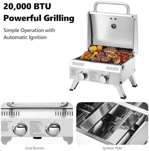 Bonnlo 2 Burner Portable Gas Grill, 20,000 BTU Tabletop Camping Grill with Ignition & Lockable Lid, Stainless Steel Propane Grill with Foldable Legs & Thermometer for Outdoor Patio BBQ RV Use - Image 2