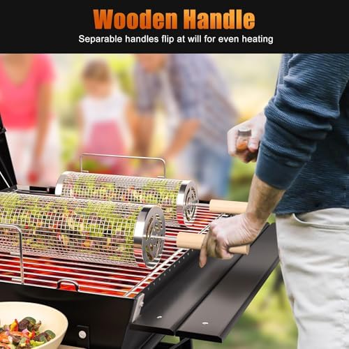Rolling Grilling Baskets for Outdoor Grill, 2 Pcs BBQ Grill Basket, Stainless Steel Barbeque Grill accessories set, Camping Picnic Cooking Tools for Vegetable/Shrimp/Chicken, Gifts for Men Dad Husband - Image 5