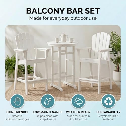 3-Piece White Counter Height Bar Dining Set with 1.96-inch Center Hole, 42.1" HDPE Indoor/Outdoor Round Bar Table with 2 Bar Stools, All-Weather Patio Bistro Set for Deck, Balcony, Poolside & Coastal - Image 4