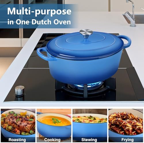 P&P CHEF Oval Dutch Oven with Lid, Enameled Cast Dutch Oven Pot for Bread Baking, Braising, Stewing, Roasting, Non-Stick & Oven Safe, Dual Handles & Easy Clean, 7QT & Blue, Valentine's Day - Image 4