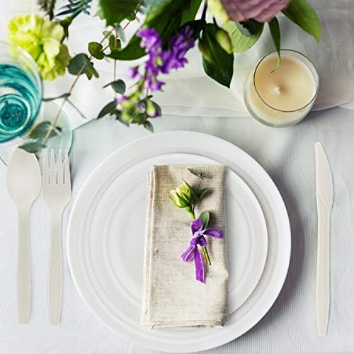 250 Piece Biodegradable Paper Plates Set (EXTRA LONG UTENSILS), Disposable Dinnerware Set, Eco Friendly Compostable Plates & Utensil include Plates, Forks, Knives and Spoons for Party - Image 4