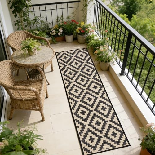 SAND MINE Reversible Mats, Plastic Straw Rug, Modern Area Rug, Large Floor Mat and Rug for Outdoors, RV, Patio, Backyard, Deck, Picnic, Beach, Trailer, Camping (2.5' x 8', Black & Beige Lattice) - Image 5