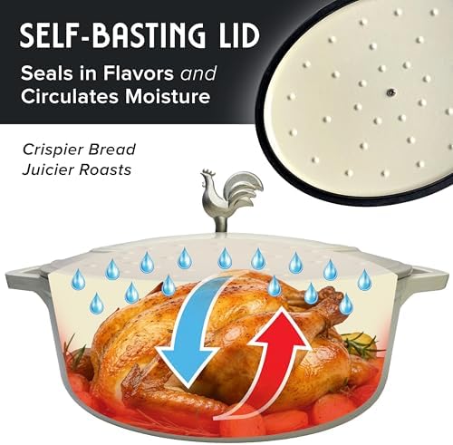 MUELLER HOME 5.5 Quart Enameled Cast Iron Oval Dutch Oven with Rooster Knob & Cotton Potholders, Heavy-Duty Cookware, Oven-Safe up to 500° F & Across All Cooktops, Gifts for Grandma & Women, White - Image 5