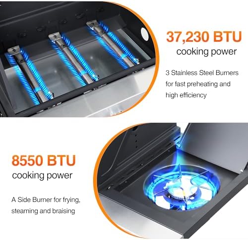 3-Burner Propane Gas Grill 39,000 BTU with Side Burner, Stainless Steel Double-Layer Lid & Porcelain-Coated Cast Iron Grates, Fast Even Heating for Backyard BBQ Camping Tailgating - Image 6