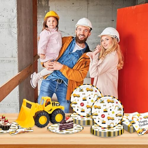 48Pcs Construction Birthday Party Supplies Excavator Birthday Decorations Including Plates and Napkins Forks Supplies Serves 16 Guests Baby Shower Construct Party Decorations - Image 6
