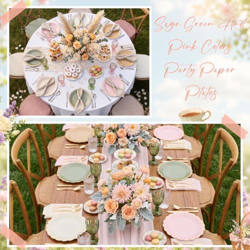 96 Pcs Sage Green and Pink Paper Plates 9 Inch Scalloped - Image 5
