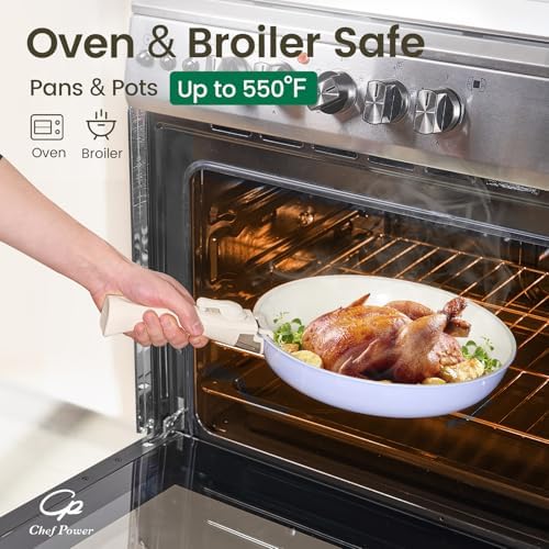 Chef Power Ceramic Nonstick Pots and Pans Set 19 Piece with Detachable Handle, Induction Dishwasher Oven Safe Cookware Set, RV Kitchen Set Removable Handle (Light Purple) - Image 6