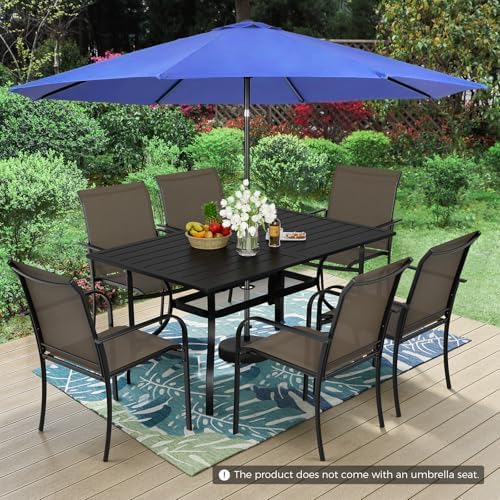 Incbruce 8 Pieces Patio Dining Set with Dark Blue Umbrella, Outdoor Dining Set of 6 Textilene Chairs and Rectangle Table with Umbrella Hole for Backyard, Garden, and Poolside (Brown) - Image 4