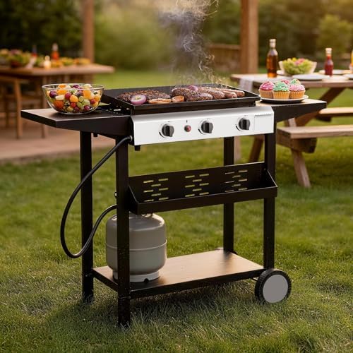 3 Burner BBQ Gas Griddle, 25.6 Inch Stainless Steel Portable Detachable Propane Griddle, 30,000 BTU Flat Top Barbecue Grill with Side Shelves for Camping - Image 2