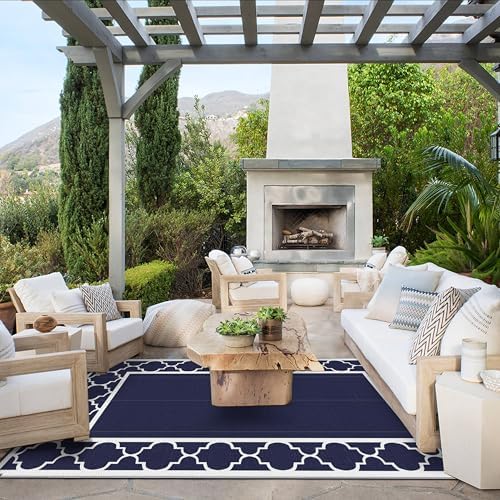 GENIMO Outdoor Rug, Waterproof Plastic Rugs 10'x14' for Camping Blue White - Image 5