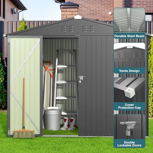 Gizoon 8x6 FT Outdoor Storage Shed, Corrosion Metal Garden Shed, Dark Grey - Image 6