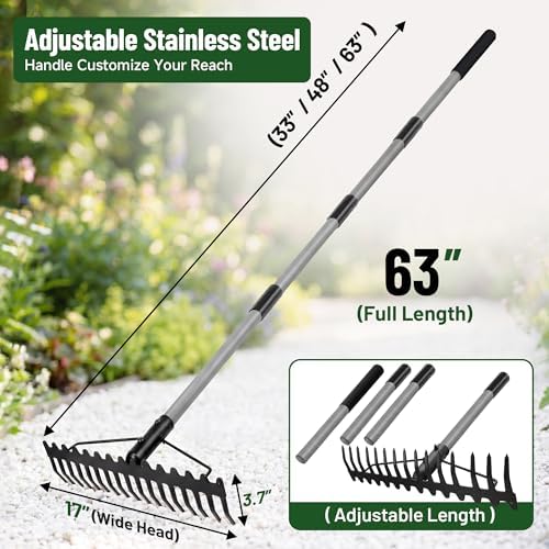 Walensee Heavy Duty Dual-Sided Bow Rake, 63" Stainless Steel Handle, Heat-Treated Manganese Steel Head, 17 Steel Tines Metal Garden Rake for Soil Loosening, Yard Leveling, Lawn Care and Thatch Removal - Image 6