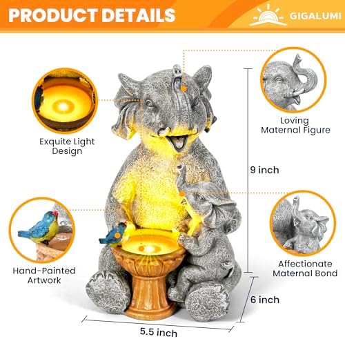 GIGALUMI Solar Garden Statues Bird Bath Elephant 9", Loving Elephant Decor, Yard Decorations Outdoor, Elephant Figurine Lights for Outside, Garden Decor Unique Housewarming Gifts for Women, Mom - Image 2